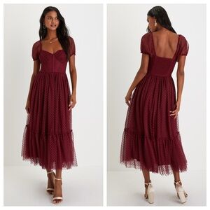Lulus Sweet Amor Burgundy Tulle Swiss Dot Tiered Bustier Midi Dress